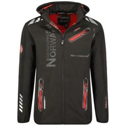 Męska turystyczna kurtka softshell GEOGRAPHICAL NORWAY ROYAUTE DB BLACK RED…. Czarne kurtki Geographical Norway, l, z aplikacjami, z materiału, z kapturem. Za 259.00 zł.
