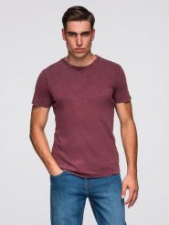 T-shirt męski z efektem sprania – burgundowy V3 - Rozmiar: M. Czerwone t-shirty Ombre Clothing, m, bez wzorów, z bawełny, bez kołnierzyka, bez ramiączek. Za 149.99 zł.