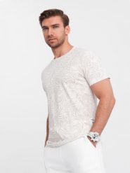 T-shirt męski fullprint w liście palmy - jasnobeżowy V1 OM-TSFP-0182 - XXL. Brązowe t-shirty Ombre Clothing, l, bez wzorów, z bawełny, bez kołnierzyka, bez ramiączek. Za 77.99 zł.