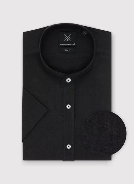 Lniana czarna koszula męska ze stójką. Czarne koszule Pako Lorente, m, bez wzorów, ze lnu, bez kołnierzyka, bez ramiączek. Za 99.99 zł.