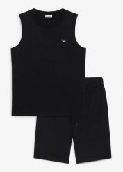 Tank top i bermudy (komplet 2-cz.). Czarne bezrękawniki bonprix, m, bez wzorów, bez kołnierzyka, bez ramiączek. Za 99.99 zł.