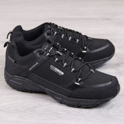 Buty sportowe męskie trekkingowe wodoodporne czarne DK 1096. Czarne buty trekkingowe DK, bez wzorów, z materiału, bez zapięcia. Za 259.99 zł.