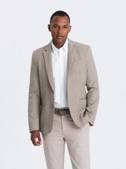 Męska elegancka marynarka z dekoracyjnymi guzikami na mankietach - beżowa V3 OM-BLZB-0114 - L. Brązowe garnitury Ombre Clothing, l, bez wzorów, z poliesteru, eleganckie. W wyprzedaży za 149.99 zł.