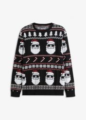 Sweter w norweski wzór, z bawełny z recyklingu. Czarne swetry nierozpinane bonprix, m, z aplikacjami, z bawełny, bez kołnierzyka, bez ramiączek. Za 109.99 zł.
