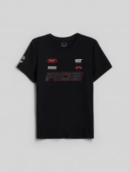 4F T-shirt slim z nadrukiem męski - czarny M. Czarne t-shirty 4F, m, bez wzorów, z bawełny, bez kołnierzyka, bez ramiączek. Za 79.99 zł.