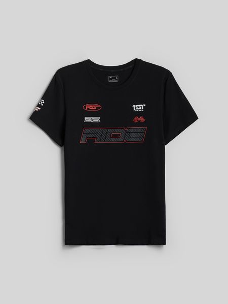 4F T-shirt slim z nadrukiem męski - czarny M. Czarne t-shirty 4F, m, bez wzorów, z bawełny, bez kołnierzyka, bez ramiączek. Za 79.99 zł.