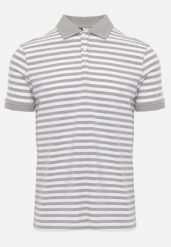 Szara Bawełniana Koszulka Polo w Paski w Stylu Casual Elunilla. Szare koszulki polo Born2be, l, bez wzorów, z bawełny, bez kołnierzyka, bez ramiączek. Za 79.99 zł.