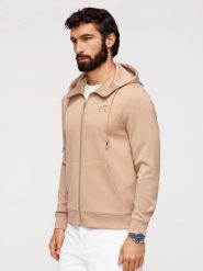 Rozpinana bluza męska z kapturem z gładkiej dzianiny - beżowa V3 - Rozmiar: XL. Brązowe bluzy Ombre Clothing, m, bez wzorów, z dzianiny, z kapturem. W wyprzedaży za 160.99 zł.