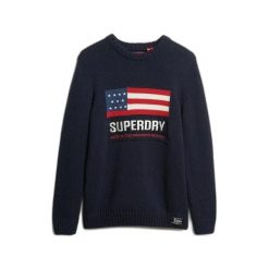 Sweter z dzianiny Superdry Vintage Athletic. Niebieskie swetry nierozpinane Superdry, na zimę, m, bez wzorów, z dzianiny, bez kołnierzyka, bez ramiączek. Za 407.00 zł.