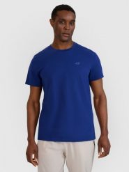 4F T-shirt regular gładki męski - granatowy L. Niebieskie t-shirty 4F, l, bez wzorów, z bawełny, bez kołnierzyka, bez ramiączek. Za 49.99 zł.