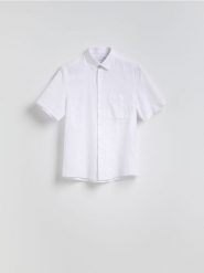 Koszula regular z dodatkiem lnu - biały. Białe koszule Reserved, l, bez wzorów, z bawełny, bez kołnierzyka, bez ramiączek. Za 129.99 zł.