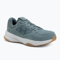 Buty treningowe meskie Under Armour Edge Suede jasper blue/halo gray/jasper blue. Niebieskie buty treningowe Under Armour, bez wzorów, na fitness i siłownię. Za 309.99 zł.
