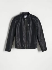 Kurtka biker z imitacji skóry - czarny. Czarne kurtki Reserved, l, bez wzorów, ze skóry, bez kaptura. W wyprzedaży za 139.99 zł.