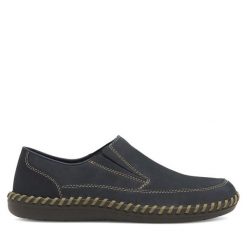 Półbuty Rieker. Niebieskie eleganckie półbuty Rieker, bez wzorów, bez obcasa, bez zapięcia. Za 289.99 zł.