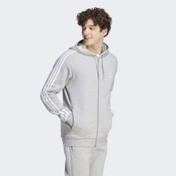 Bluza z kapturem Essentials Fleece 3-Stripes Full-Zip. Szare bluzy z kapturem Adidas, s, bez wzorów, z materiału, z kapturem. Za 229.00 zł.