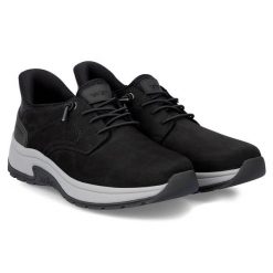 Skórzane komfortowe półbuty męskie czarne Rieker 11050-00. Czarne eleganckie półbuty Rieker, bez wzorów, ze skóry, bez obcasa, bez zapięcia. Za 359.99 zł.