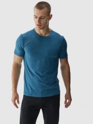 4F Koszulka treningowa regular szybkoschnąca męska - turkusowa M. Niebieskie t-shirty 4F, m, bez wzorów, z dzianiny, bez kołnierzyka, bez ramiączek. W wyprzedaży za 79.99 zł.