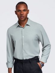 Męska wiskozowo-lniana koszula o kroju regular - pastelowa zieleń V4 - Rozmiar: XL. Szare koszule Ombre Clothing, m, bez wzorów, z denimu, bez kołnierzyka, bez ramiączek. W wyprzedaży za 129.99 zł.