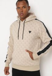 Beżowa Bluza z Kapturem w Geometryczny Print Zdobiona Lampasem Venandria. Brązowe bluzy Born2be, m, z aplikacjami, z jeansu, z kapturem. W wyprzedaży za 84.99 zł.