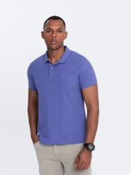 Jednokolorowa koszulka polo męska BASIC z dzianiny pique - fioletowa V12 OM-POBS-0100 - L. Fioletowe koszulki polo sportowe Ombre Clothing, l, z aplikacjami, z bawełny, bez kołnierzyka, bez ramiączek. Za 77.99 zł.
