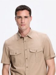 Koszula regular fit - beżowy. Brązowe koszule Reserved, l, bez wzorów, z bawełny, bez kołnierzyka, bez ramiączek. Za 139.99 zł.