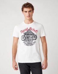 MĘSKI T-SHIRT WRANGLER SS BIKER TEE OFF WHITE W7H2D3737 112131845. Białe t-shirty Wrangler, m, bez wzorów, bez kołnierzyka, bez ramiączek. Za 69.99 zł.