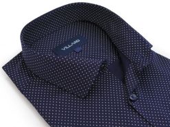 Granatowa koszula w kropki A084. Koszule Mmer / Villaro - Koszule męskie, m, bez wzorów, z bawełny, bez kołnierzyka, bez ramiączek. W wyprzedaży za 198.00 zł.