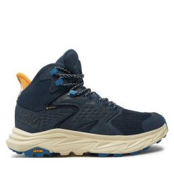 Trekkingi Hoka. Niebieskie botki sznurowane HOKA, bez wzorów, z gore-texu, bez obcasa, bez zapięcia. Za 599.99 zł.