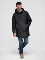 Długa pikowana kurtka męska z naturalnym wypełnieniem - czarna V1 - Rozmiar: M. Czarne kurtki Ombre Clothing, l, bez wzorów, z materiału, bez kaptura. Za 799.99 zł.