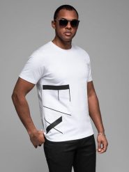 Koszulka męska z bawełnianego jerseyu z dużym bocznym napisem – biała V2 OM-TSPT-0213 - XXL. Białe t-shirty Ombre Clothing, l, z aplikacjami, z bawełny, bez kołnierzyka, bez ramiączek. Za 59.99 zł.