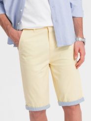 Szorty męskie chinosy z kontrastowym podwinięciem – żółte V7 W421 - XXL. Żółte szorty Ombre Clothing, l, bez wzorów, z bawełny, biznesowe. W wyprzedaży za 99.99 zł.
