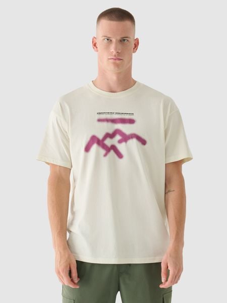 4F T-shirt oversize z nadrukiem męski - beżowy L. Brązowe t-shirty 4F, l, bez wzorów, z bawełny, bez kołnierzyka, bez ramiączek. W wyprzedaży za 29.99 zł.