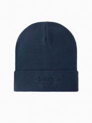 Męska czapka dzianinowa beanie z haftowanym napisem – granatowa V3 OM-ACWH-0120 - uniwersalny. Niebieskie czapki zimowe Ombre Clothing, bez wzorów, z dzianiny. W wyprzedaży za 19.99 zł.
