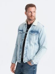 Kurtka męska jeansowa typu sherpa - jasnoniebieska V2 OM-JADJ-0125 - XXL. Niebieskie kurtki Ombre Clothing, l, bez wzorów, z denimu, bez kaptura. Za 219.99 zł.