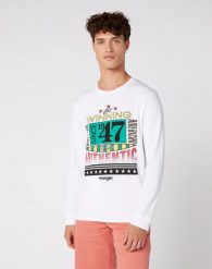 MĘSKI LONGSLEEVE WRANGLER LS WRANGLER TEE WHITE W7E2D0989 112131776. Białe bluzki z długim rękawem Wrangler, m, bez wzorów, bez kołnierzyka, bez ramiączek. Za 109.99 zł.