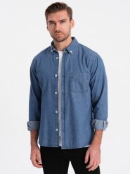 Klasyczna koszula męska jeansowa SLIM - niebieska OM-SHDS-0116 - S. Niebieskie koszule Ombre Clothing, m, bez wzorów, z bawełny, bez kołnierzyka, bez ramiączek. W wyprzedaży za 49.99 zł.