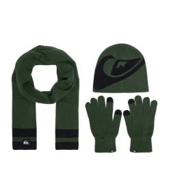 Zestaw czapka, szalik i rękawiczki Quiksilver. Zielone czapki zimowe Quiksilver, bez wzorów. Za 139.99 zł.