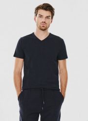 PAKO LORENTE – Granatowy gładki t-shirt v-neck. Niebieskie t-shirty Pako Lorente, s, bez wzorów, z bawełny, bez kołnierzyka, bez ramiączek. Za 69.99 zł.