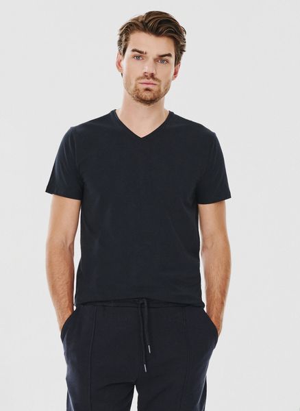 PAKO LORENTE – Granatowy gładki t-shirt v-neck. Niebieskie t-shirty Pako Lorente, s, bez wzorów, z bawełny, bez kołnierzyka, bez ramiączek. Za 69.99 zł.