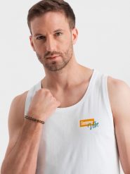 Bawełniany męski tank top z nadrukiem Summer Vibe – biały V2 OM-TSTT-0191 - XXL. Białe bezrękawniki Ombre Clothing, bez wzorów, z bawełny, bez ramiączek. W wyprzedaży za 39.99 zł.