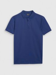 4F Koszulka polo regular męska - granatowa M. Niebieskie koszulki polo 4F, m, bez wzorów, z bawełny, bez kołnierzyka, bez ramiączek. Za 89.99 zł.