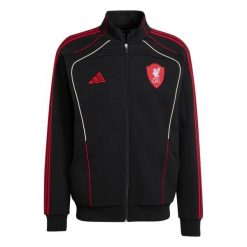 Kurtka dresowa Liverpool FC UBP DKTT 2025/26. Czarne kurtki Adidas, bez wzorów, z dresówki, bez kaptura. W wyprzedaży za 334.00 zł.