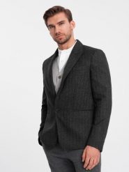 Stylowa żakardowa marynarka męska w delikatne prążki - grafitowa V1 OM-BLZB-0113 - XL. Szare garnitury Ombre Clothing, l, bez wzorów, z poliesteru, eleganckie. W wyprzedaży za 149.99 zł.