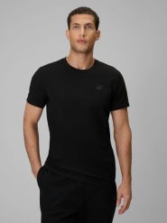4F T-shirt slim gładki męski - czarny L. Czarne t-shirty 4F, l, bez wzorów, z bawełny, bez kołnierzyka, bez ramiączek. Za 59.99 zł.