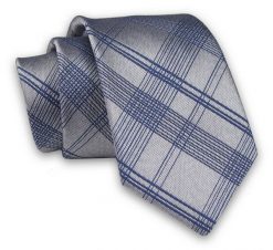 Szaro-Granatowy Elegancki, Męski Krawat -ALTIES- 7cm, Stylowy, Klasyczny, w Kratkę. Niebieskie krawaty i muchy Alties, bez wzorów, z tkaniny. Za 49.00 zł.