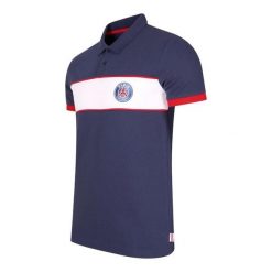PSG polo męskie. Niebieskie koszulki polo PARIS SAINT GERMAIN, m, bez wzorów, bez kołnierzyka, bez ramiączek, do piłki nożnej. Za 214.99 zł.