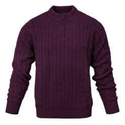 Sweter z Bawełny, Splot Warkoczowy i Wysoki Dekolt - Pako Jeans - Bordowy. Czerwone swetry rozpinane Pako Jeans, na wiosnę, l, bez wzorów, z bawełny, bez kołnierzyka, bez ramiączek. Za 209.00 zł.