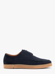 Granatowe półbuty męskie ze skóry welurowej BARNEY. Niebieskie eleganckie półbuty Ryłko, bez wzorów, ze skóry, bez obcasa, bez zapięcia. Za 379.99 zł.
