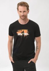 Czarny t-shirt z printem T-FESTIVAL. Czarne t-shirty Volcano, m, bez wzorów, z jeansu, bez kołnierzyka, bez ramiączek. Za 59.99 zł.