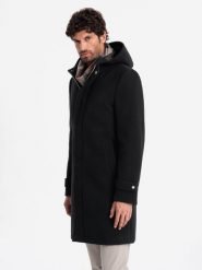Długi monochromatyczny męski płaszcz z kapturem – czarny V3 OM-COWC-22FW-005 - XXL. Czarne płaszcze Ombre Clothing, l, bez wzorów, z materiału, eleganckie, z kapturem. Za 329.99 zł.